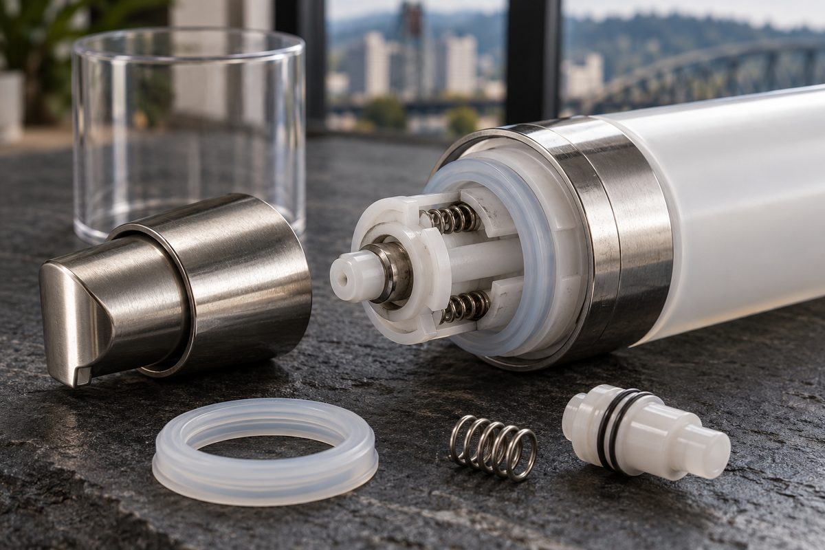 Precision airless vacuum pump mechanism revealing internal piston and valve components
