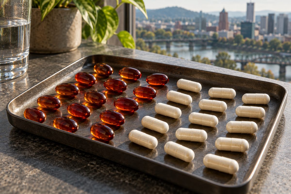Golden nutritional softgels and clean white supplement capsules in geometric rows