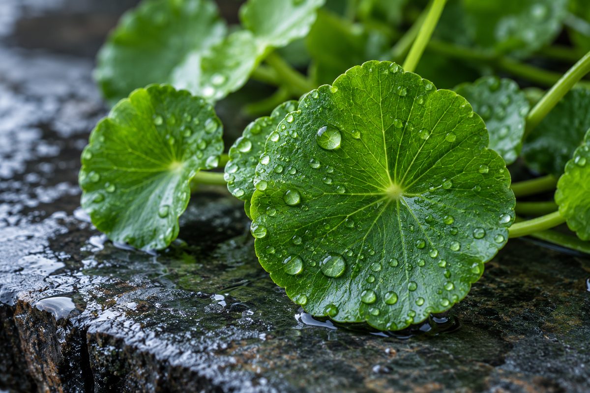 Macro view of fresh centella asiatica cica leaf with pure water droplets