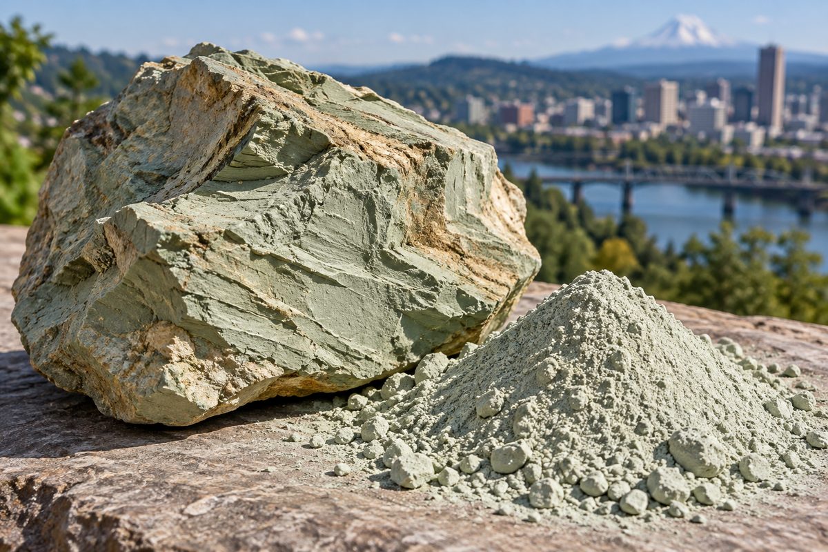 Raw natural green montmorillonite clay stone specimen and fine milled powder