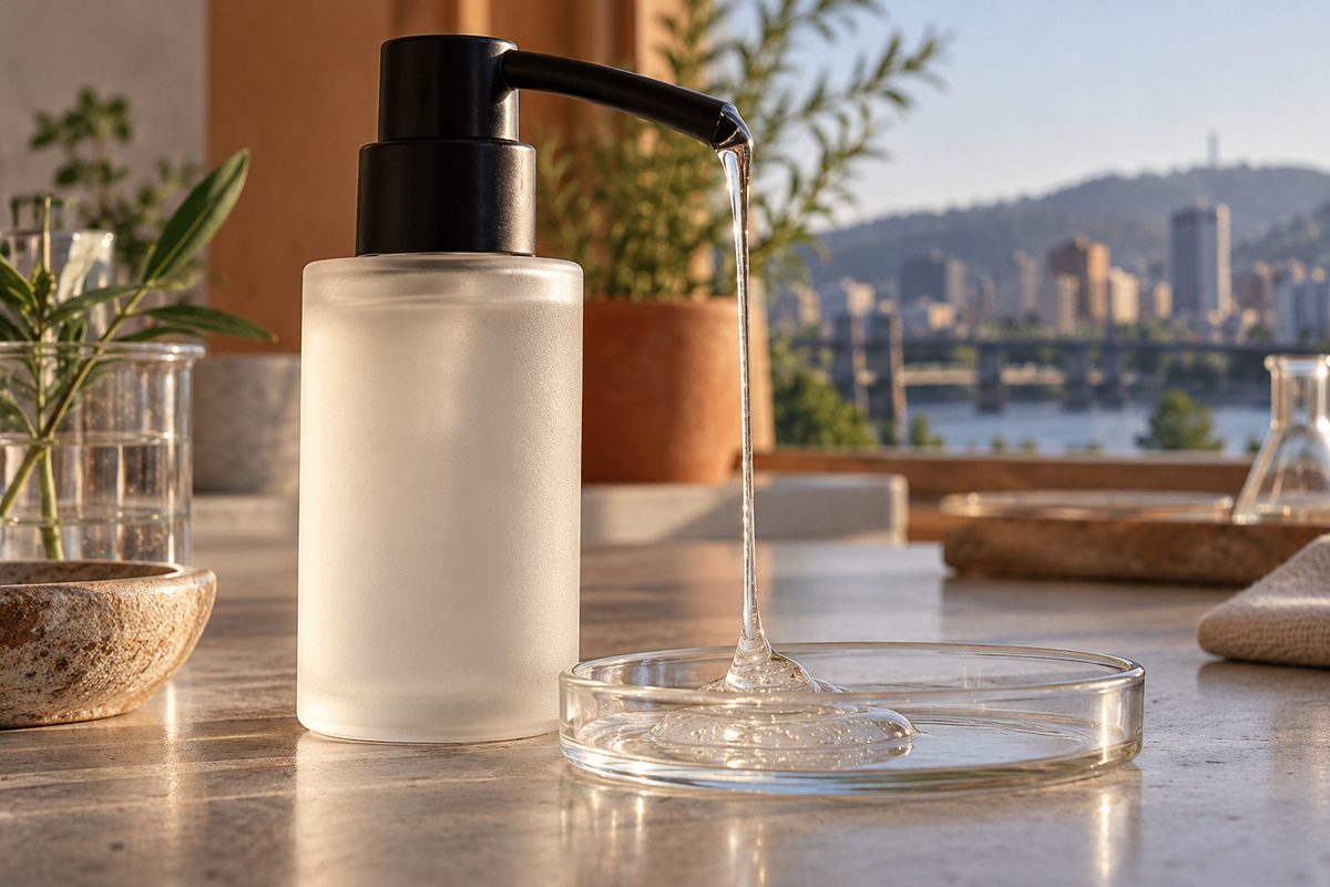 Gentle Amino Gel Cleanser pump bottle with gel sample in glass dish