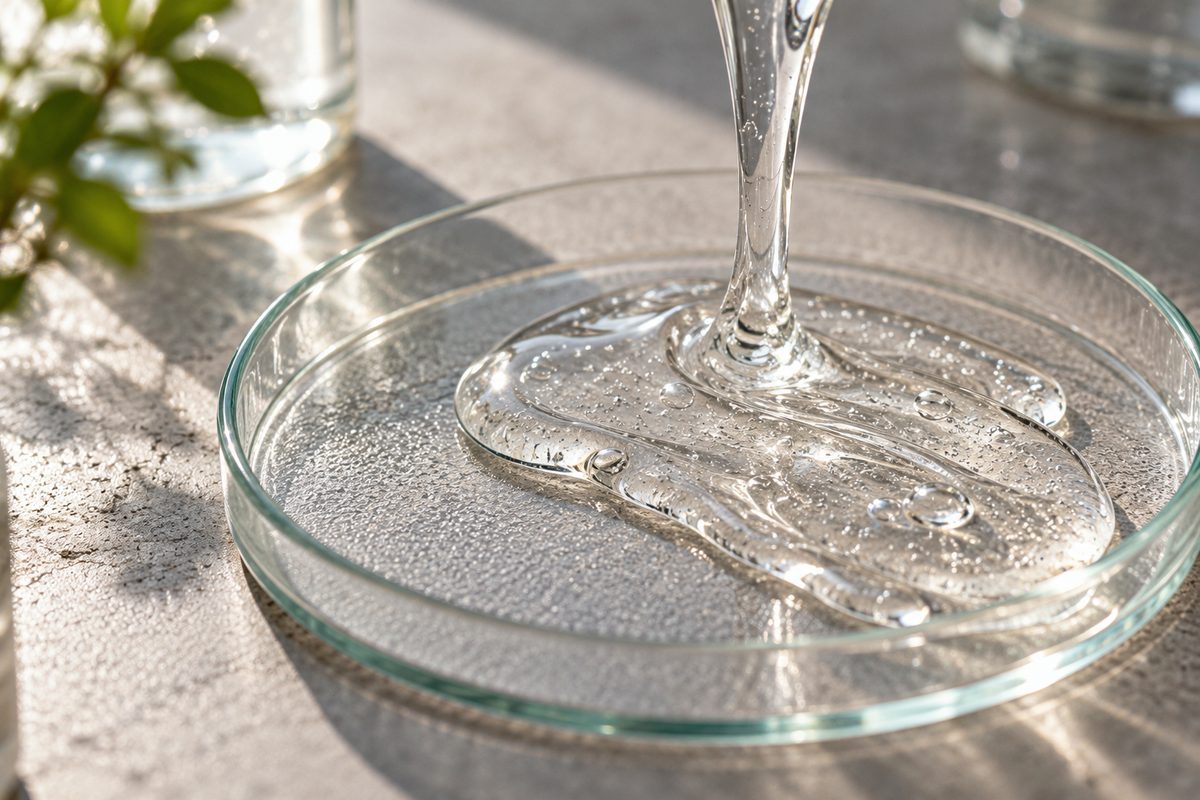 Clear amino acid gel cleanser demonstrating low-drag viscosity in glass dish