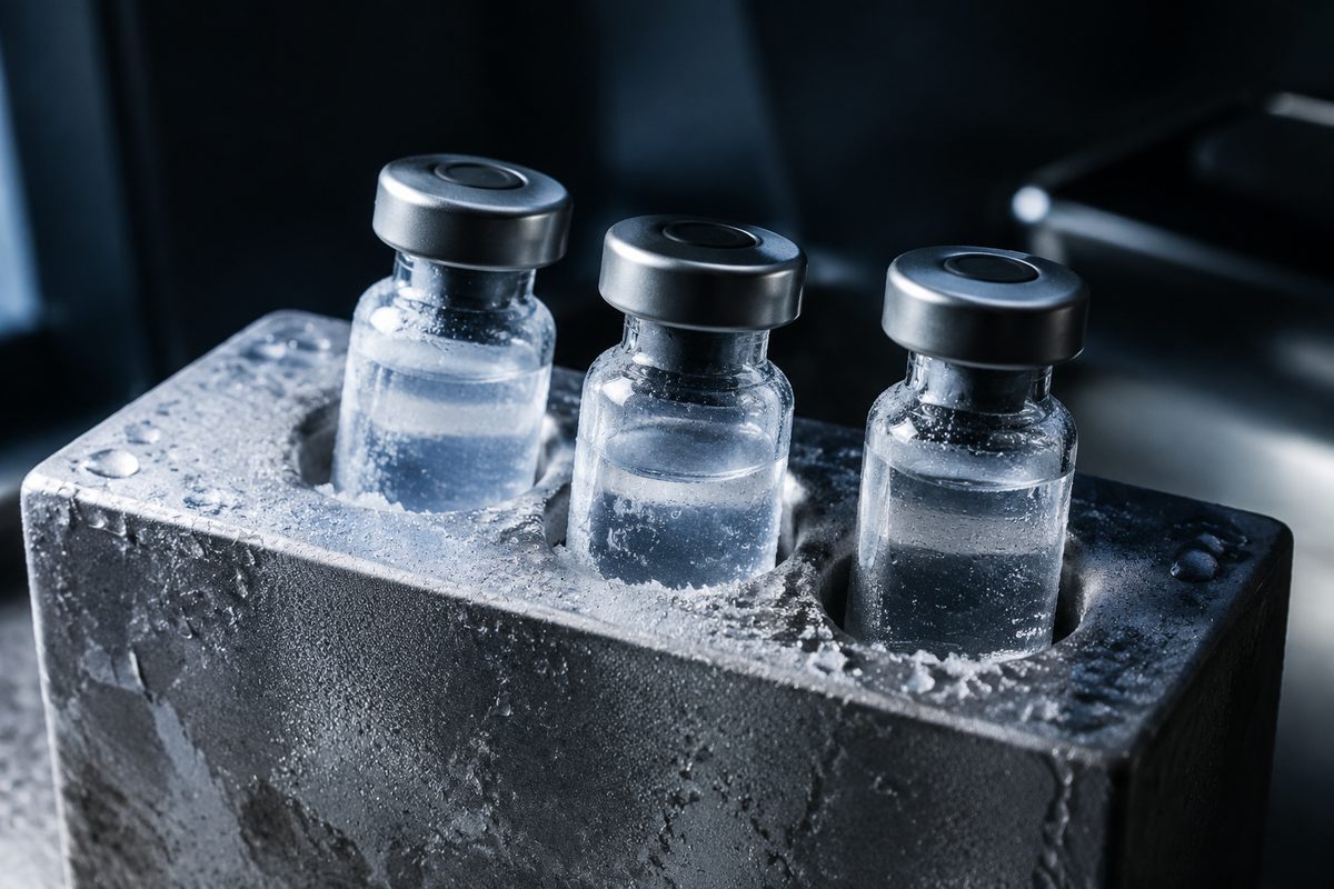 Sealed cosmetic peptide vials resting in aluminium temperature-controlled storage block