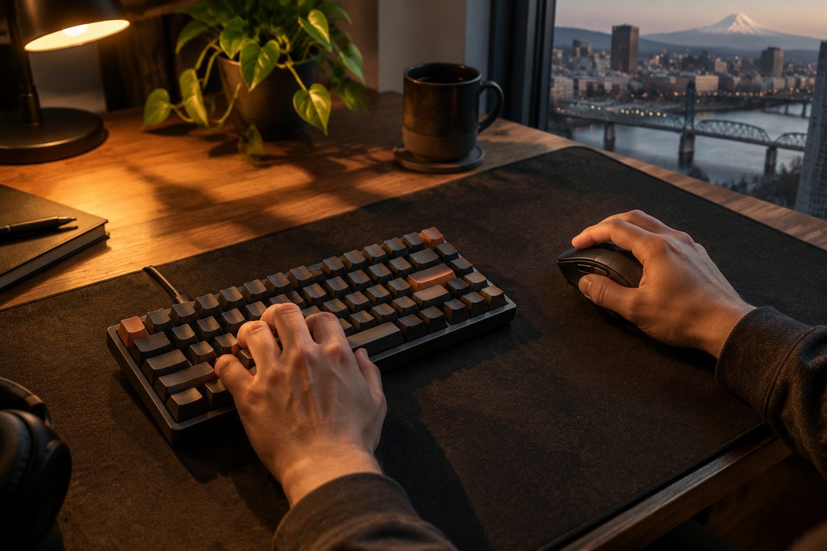 Focused player hands navigating illuminated mechanical keyboard during evening session
