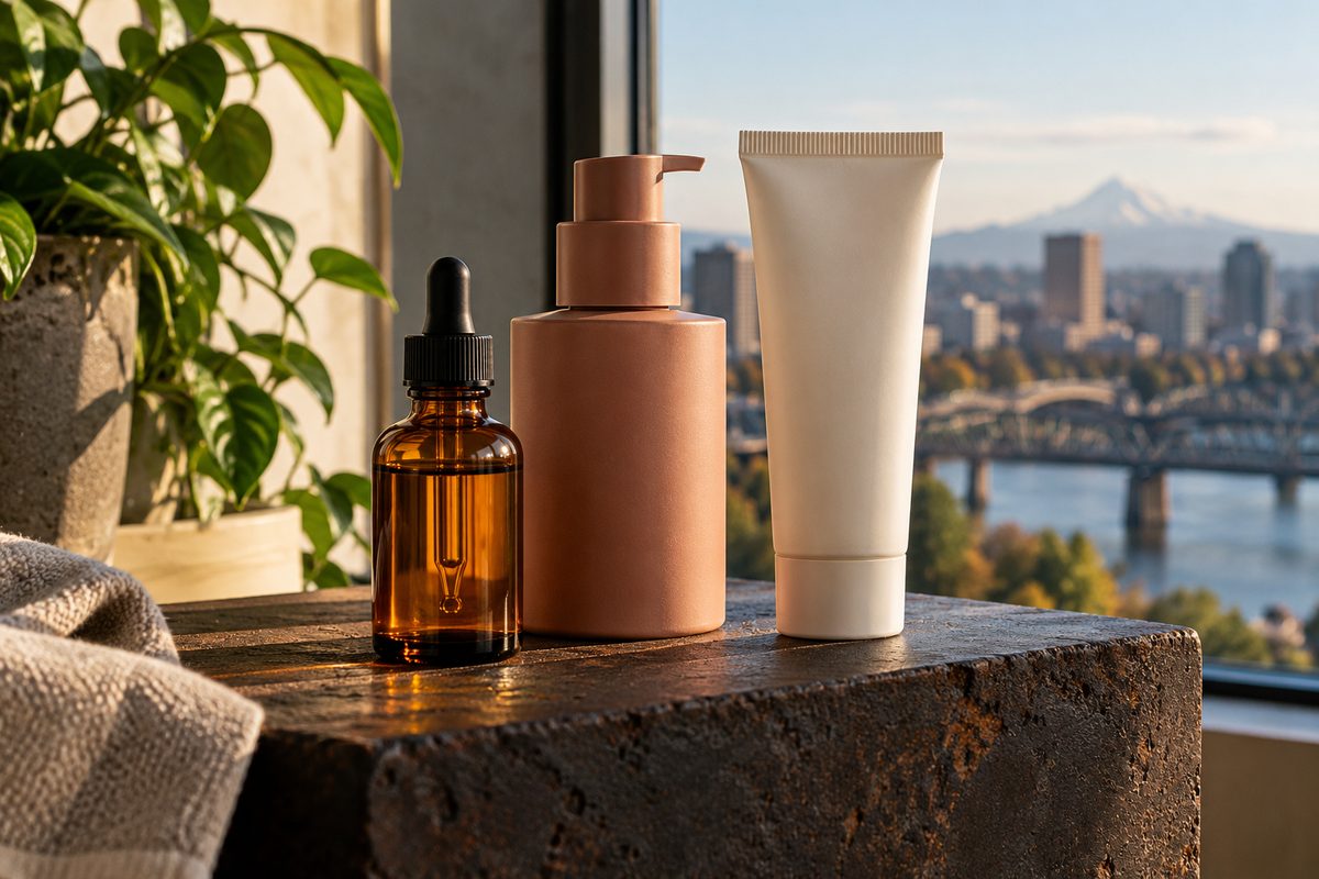 Trio of Zenith Skin core barrier, serum, and SPF containers in studio alignment