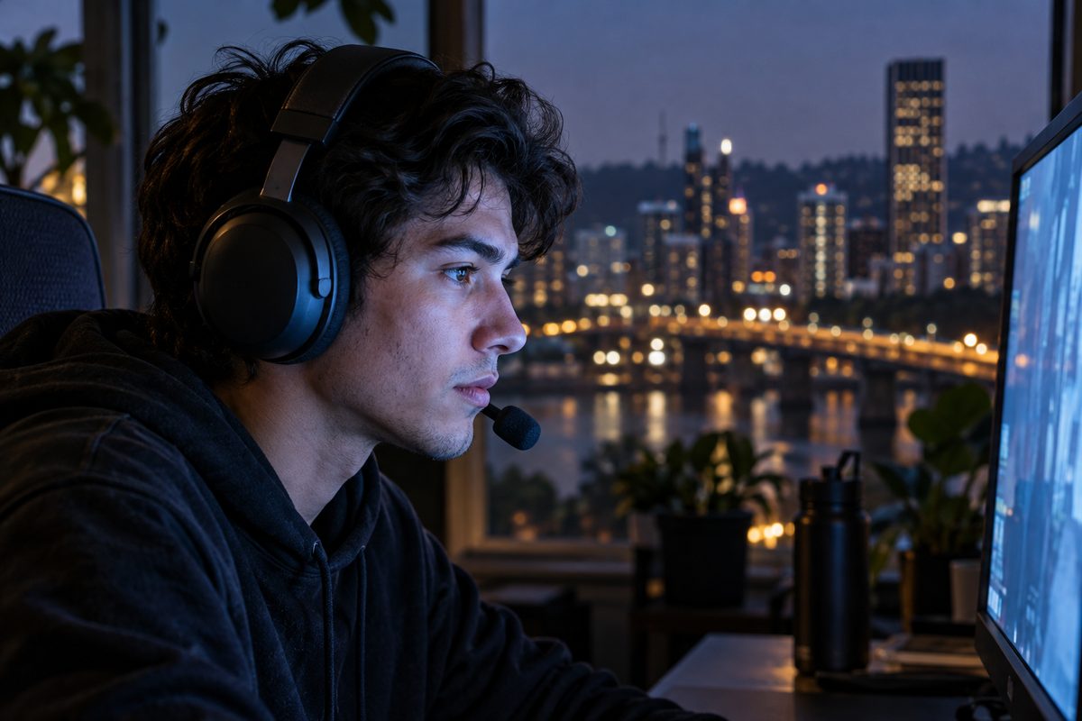 Gamer profile illuminated by high-intensity screen glow during intense session