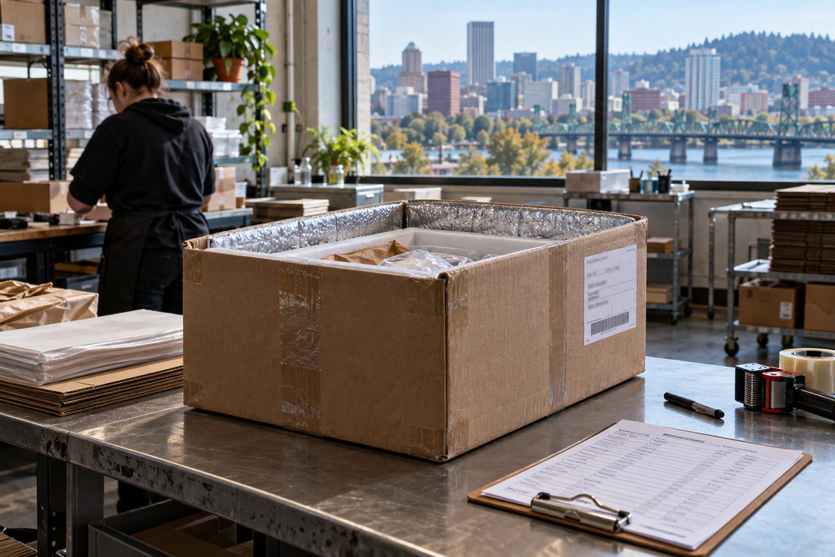 Insulated parcel carton and batch documentation staged at Portland dispatch desk