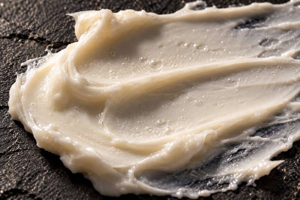 Macro detail of dense restorative lipid barrier cream spread across dark slate