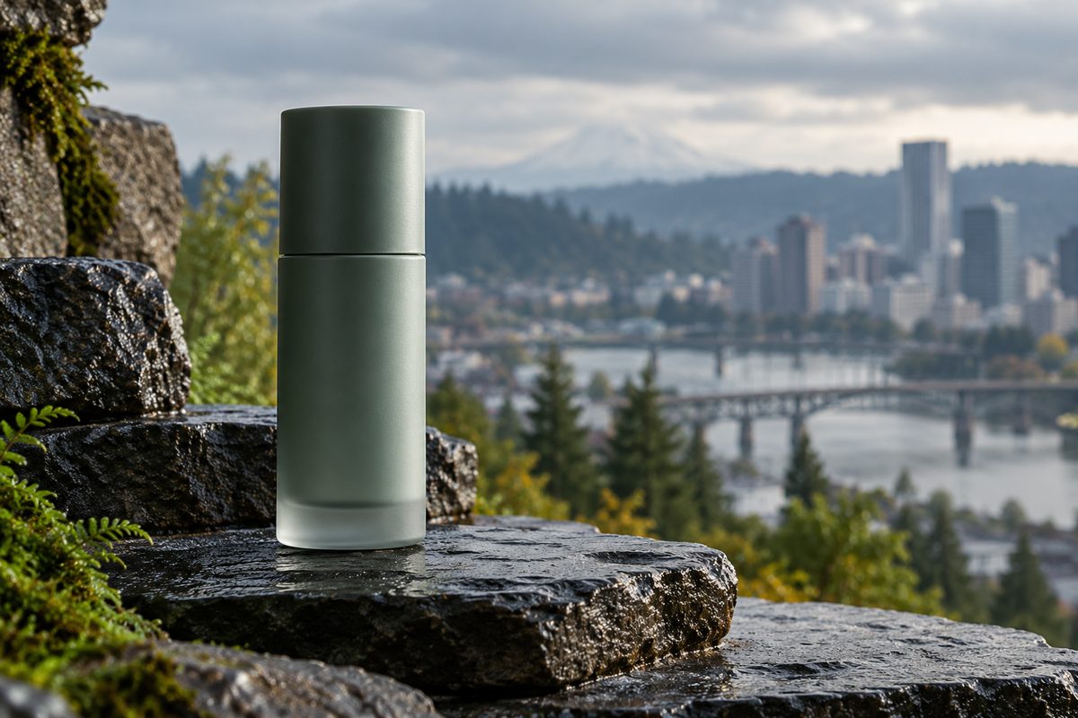 Matte cylindrical barrier repair cream container presented on dark stone pedestal