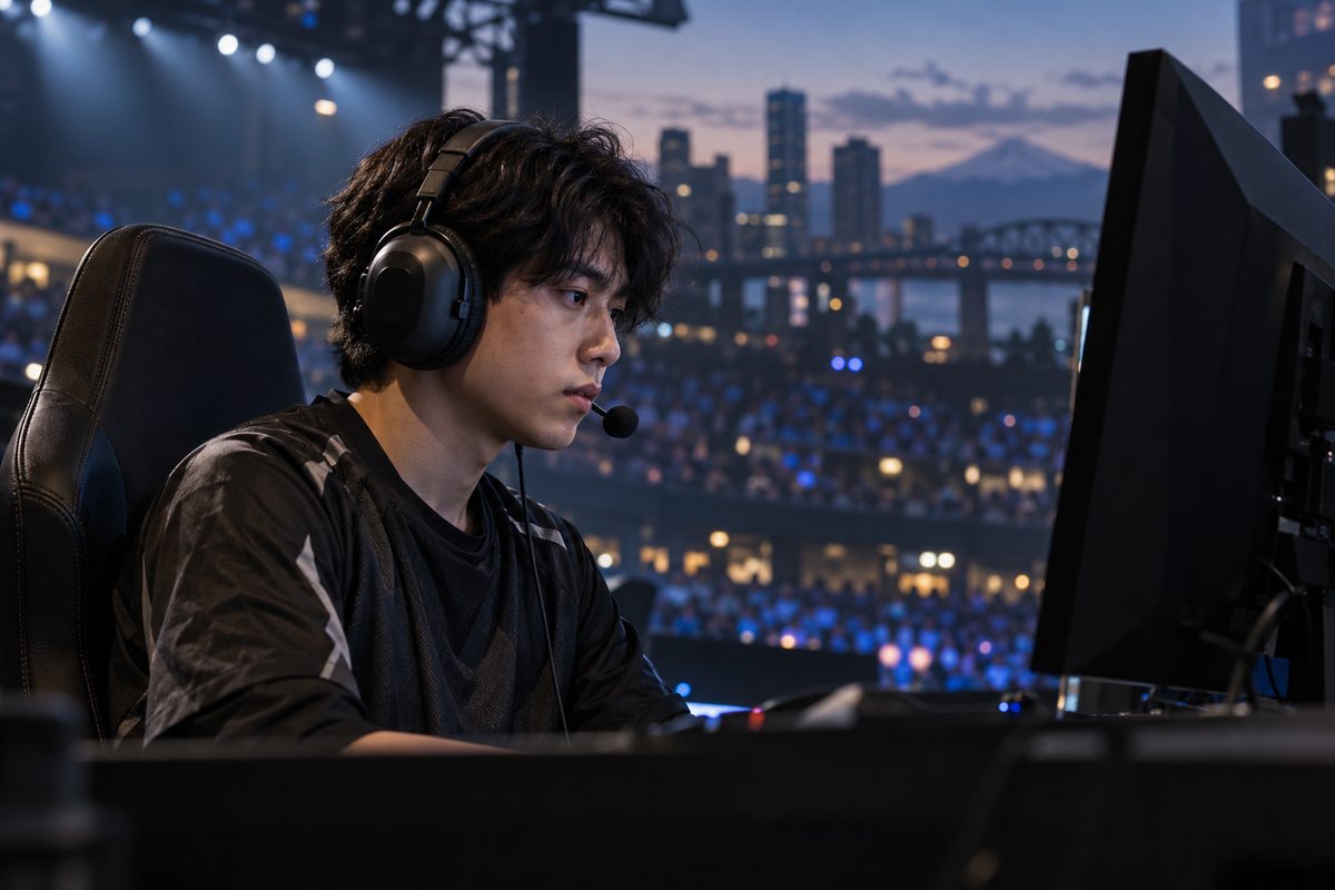 Competitive tournament player wearing headset focused on match display