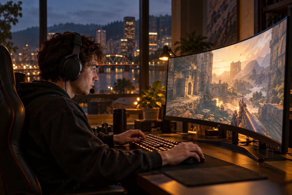 Competitive player seated at high-performance illuminated battlestation in dark ambient room
