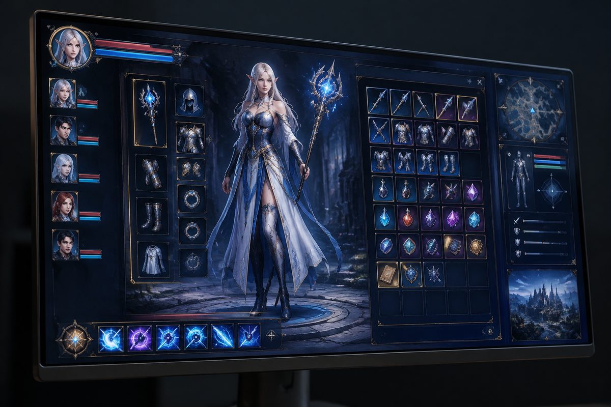 Tactical gaming monitor displaying crisp in-game inventory loadout interface
