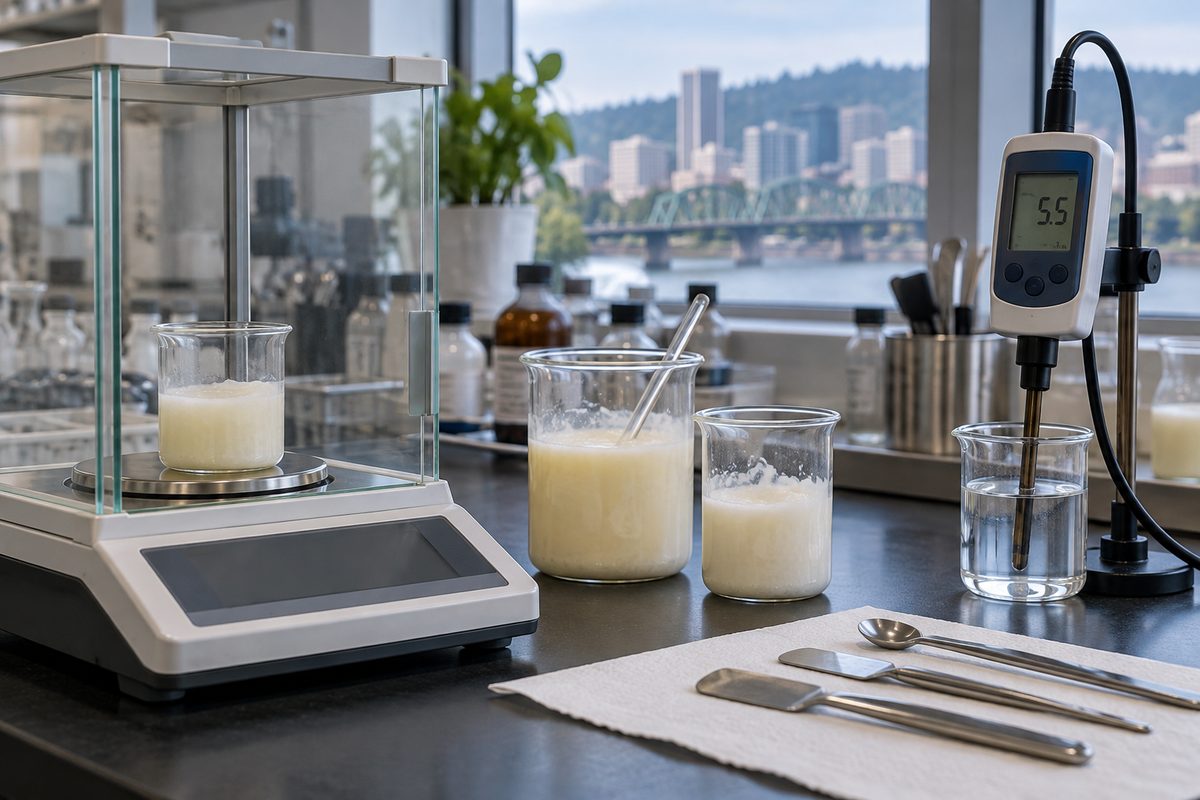 Laboratory formulation station with digital pH meter and cosmetic emulsion samples