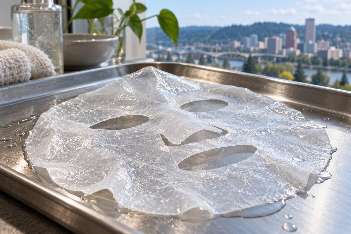 Translucent bio-cellulose cooling mask sheet saturated with restorative essence