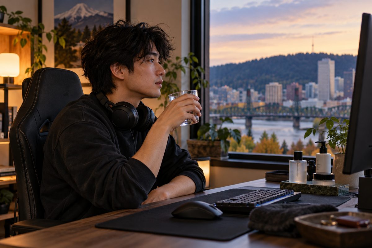 Esports competitor resting at desk setup with skincare routine bottles beside monitor