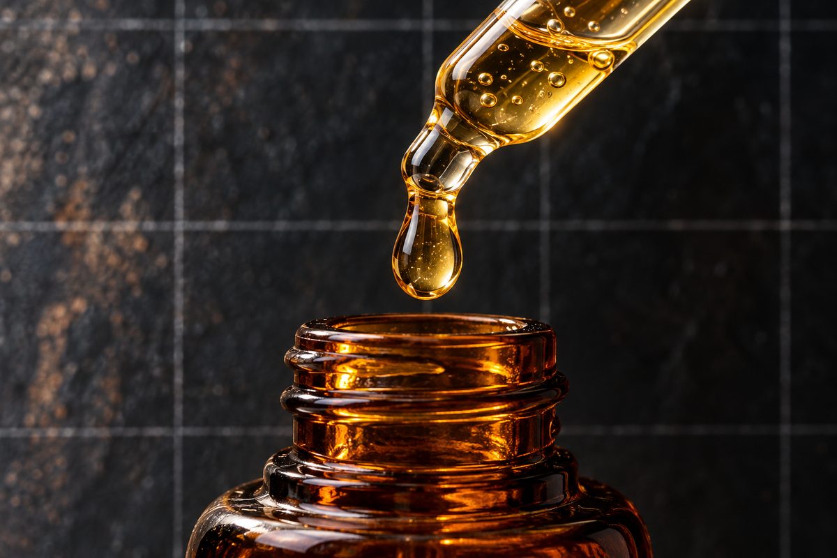 Macro view of amber dropper releasing golden concentrated antioxidant serum