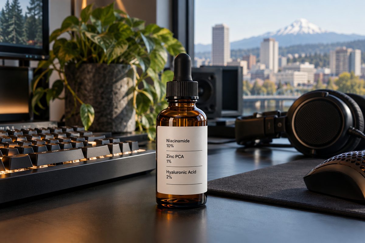 Multi-Active Niacinamide Clarifying Serum bottle positioned on dark metallic work surface