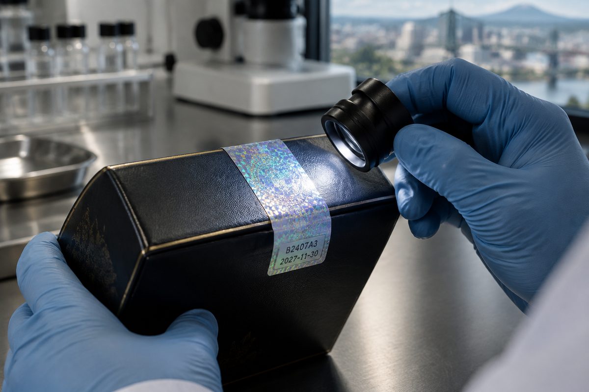 Gloved inspection of holographic security seal and batch code on cosmetic packaging
